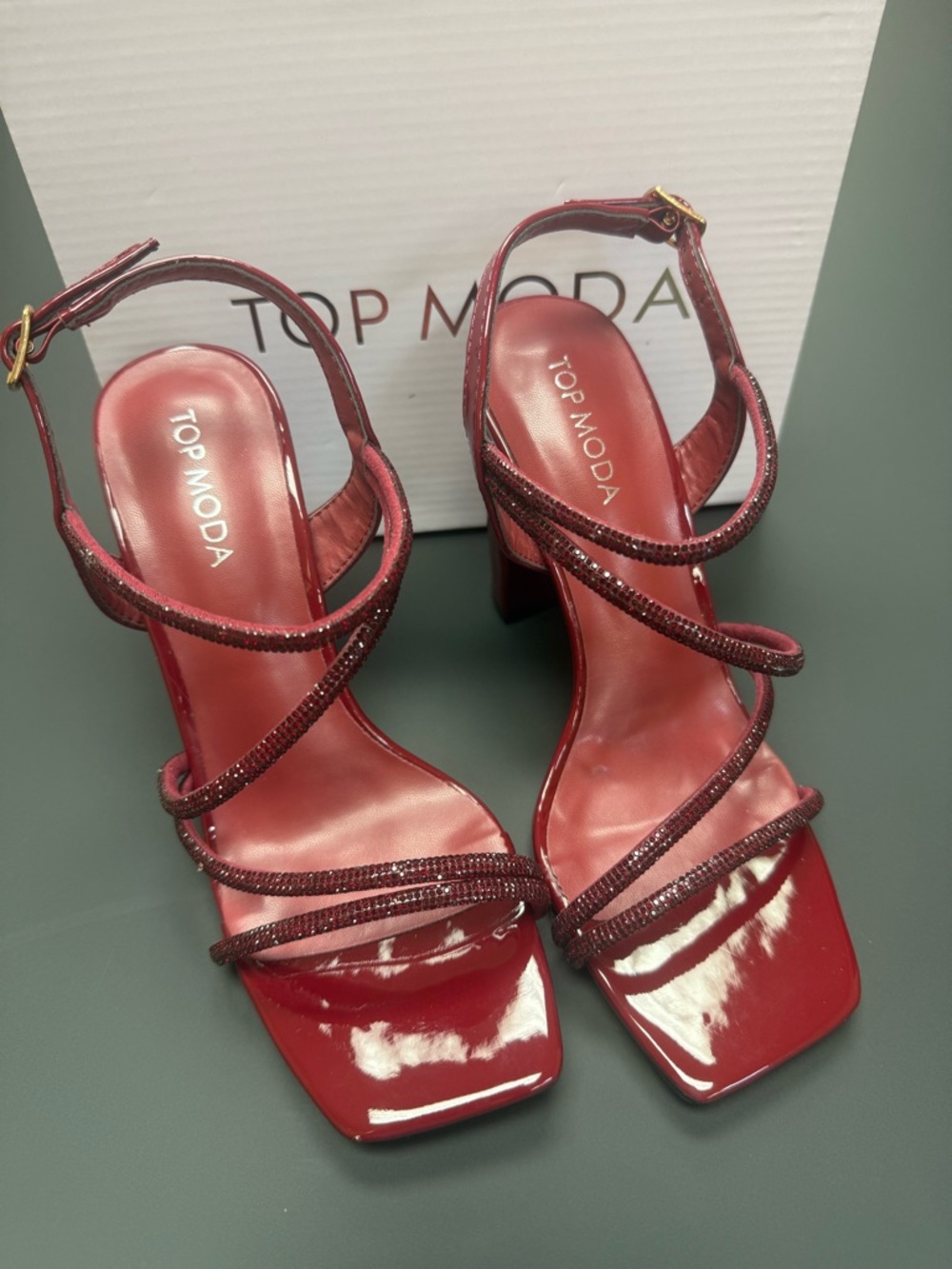TOP Moda Wine Patent Strappy Block Heel Sandals